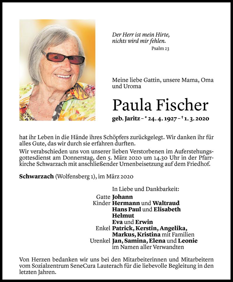  Todesanzeige für Paula Fischer vom 02.03.2020 aus Vorarlberger Nachrichten