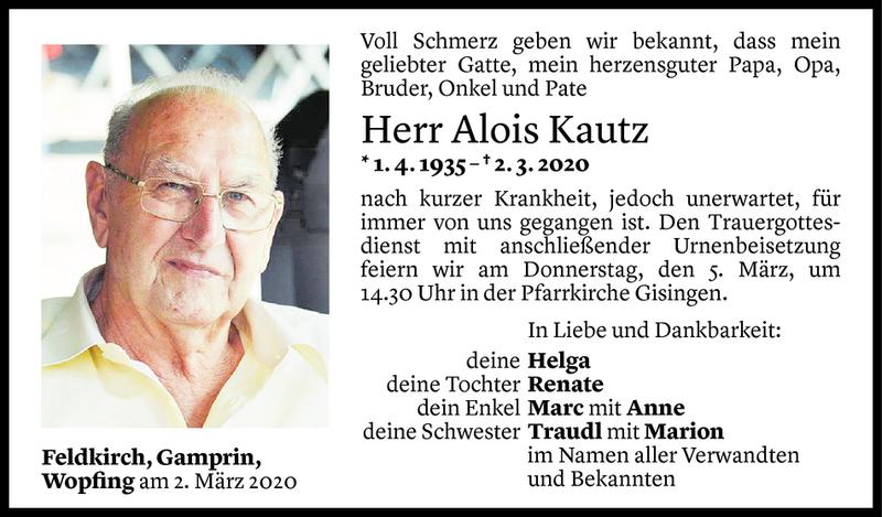  Todesanzeige für Alois Kautz vom 02.03.2020 aus Vorarlberger Nachrichten