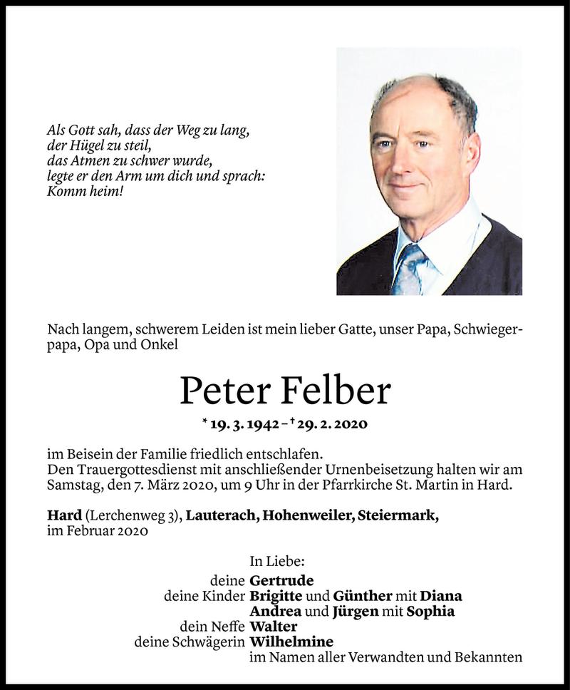  Todesanzeige für Peter Felber vom 03.03.2020 aus Vorarlberger Nachrichten