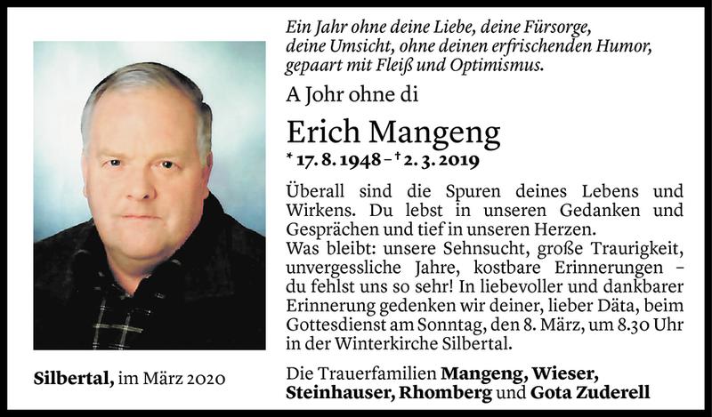  Todesanzeige für Erich Mangeng vom 03.03.2020 aus Vorarlberger Nachrichten