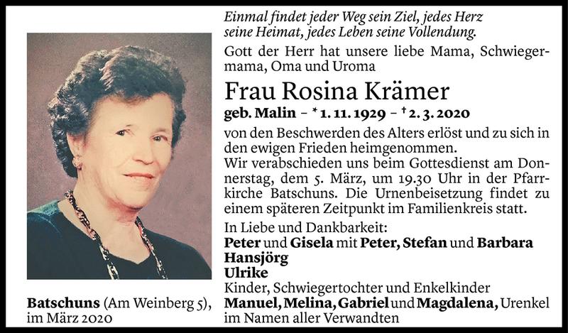  Todesanzeige für Rosina Krämer vom 04.03.2020 aus Vorarlberger Nachrichten