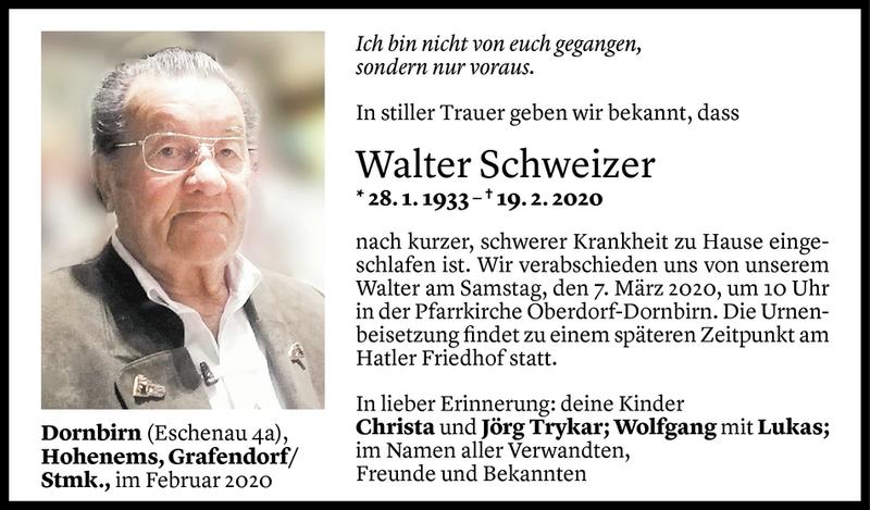  Todesanzeige für Walter Schweizer vom 03.03.2020 aus Vorarlberger Nachrichten