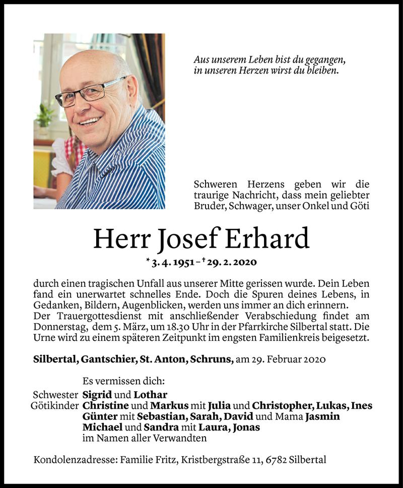  Todesanzeige für Josef Erhard vom 03.03.2020 aus Vorarlberger Nachrichten