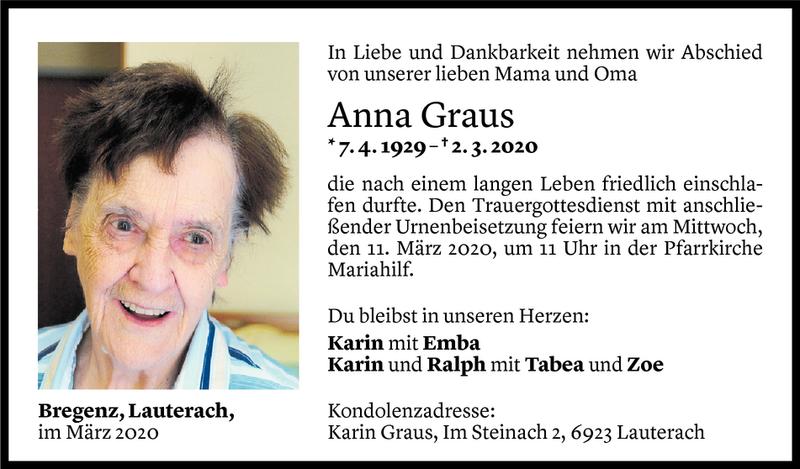  Todesanzeige für Anna Graus vom 06.03.2020 aus Vorarlberger Nachrichten