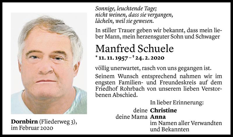  Todesanzeige für Manfred Schuele vom 06.03.2020 aus Vorarlberger Nachrichten
