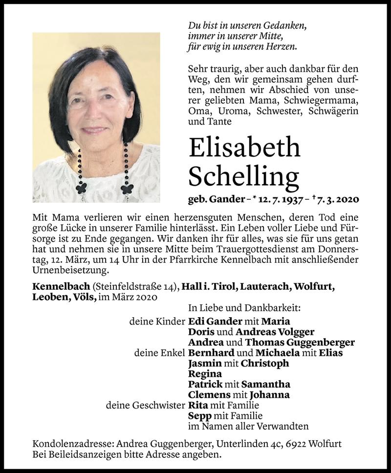  Todesanzeige für Elisabeth Schelling vom 09.03.2020 aus Vorarlberger Nachrichten