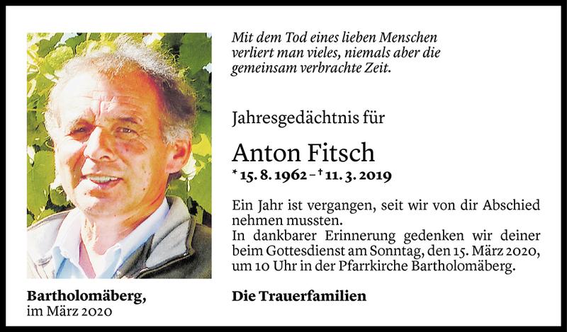  Todesanzeige für Anton Fitsch vom 10.03.2020 aus Vorarlberger Nachrichten
