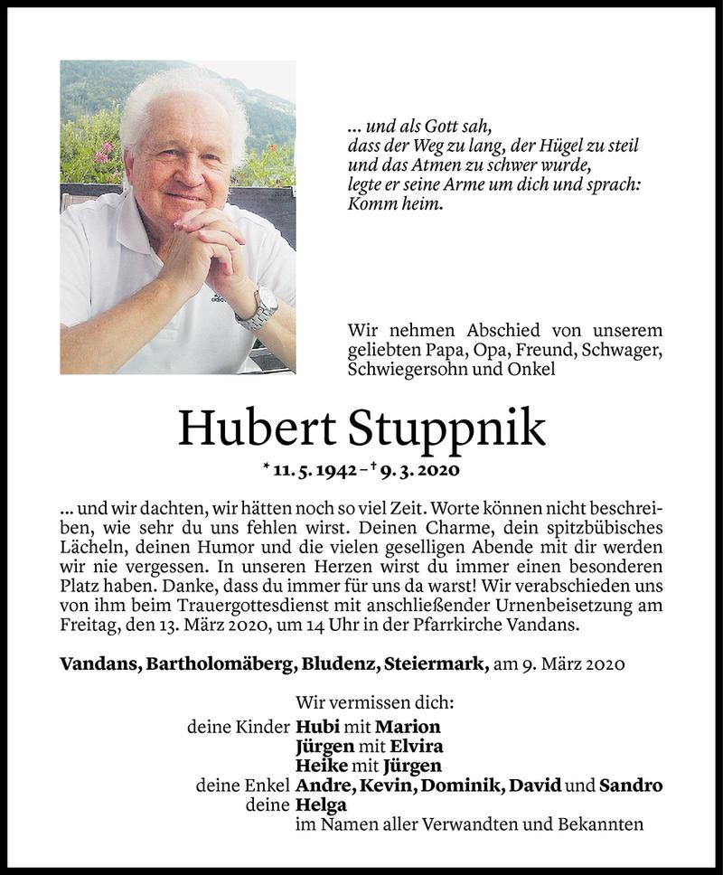  Todesanzeige für Hubert Stuppnik vom 10.03.2020 aus Vorarlberger Nachrichten