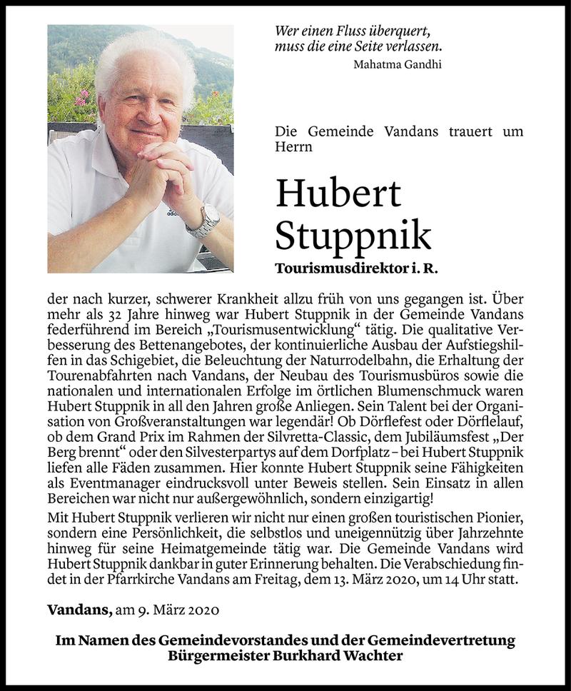  Todesanzeige für Hubert Stuppnik vom 10.03.2020 aus Vorarlberger Nachrichten