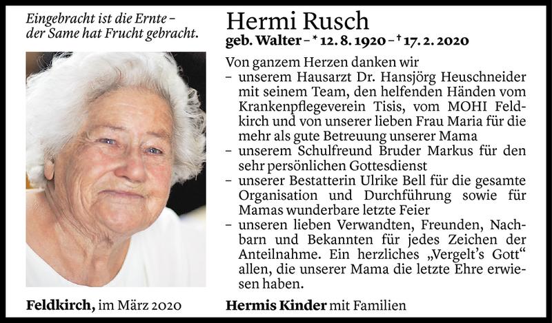  Todesanzeige für Hermi Rusch vom 13.03.2020 aus Vorarlberger Nachrichten