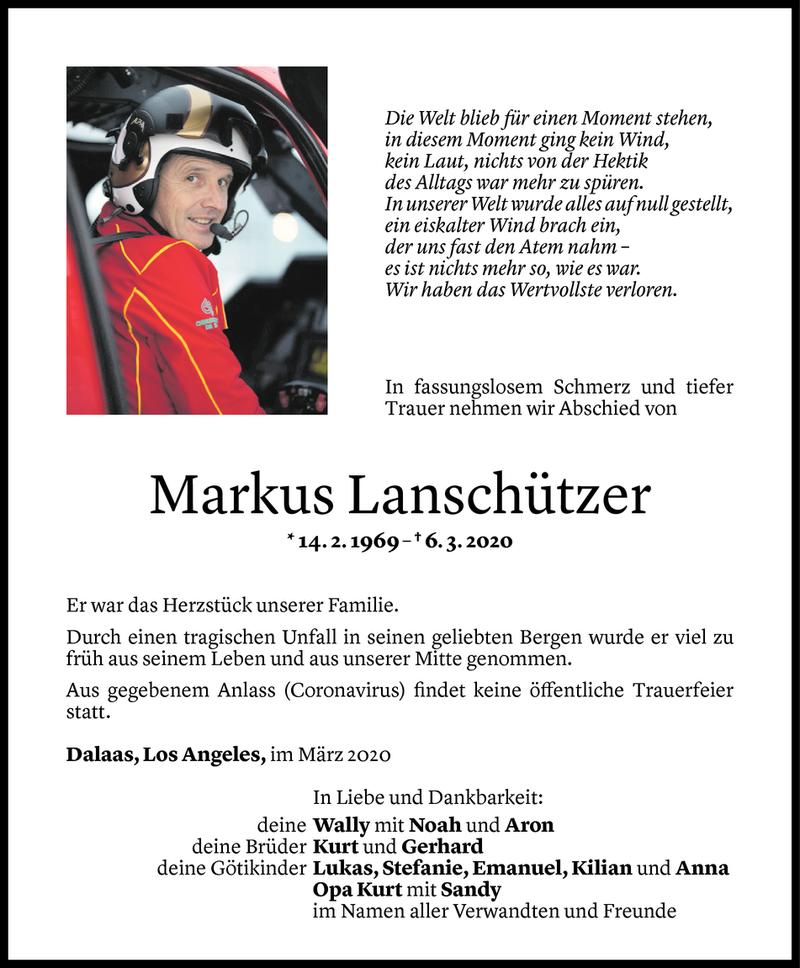  Todesanzeige für Markus Lanschützer vom 12.03.2020 aus Vorarlberger Nachrichten