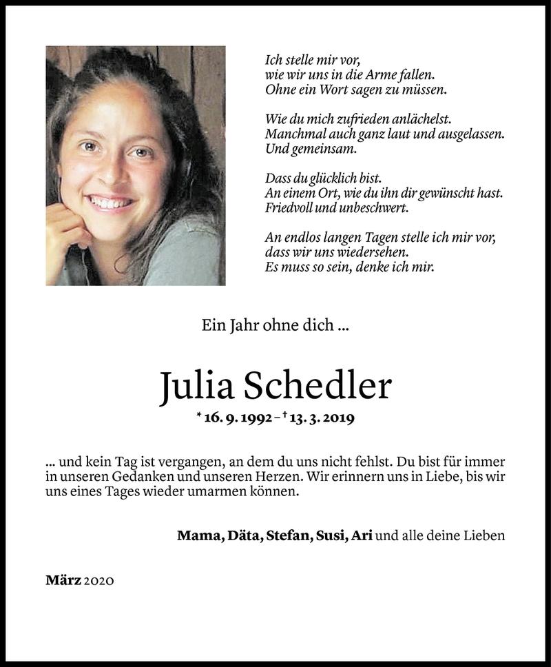  Todesanzeige für Julia Schedler vom 12.03.2020 aus Vorarlberger Nachrichten