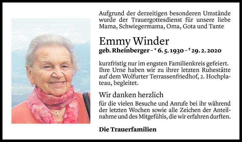  Todesanzeige für Emmy Winder vom 13.03.2020 aus Vorarlberger Nachrichten