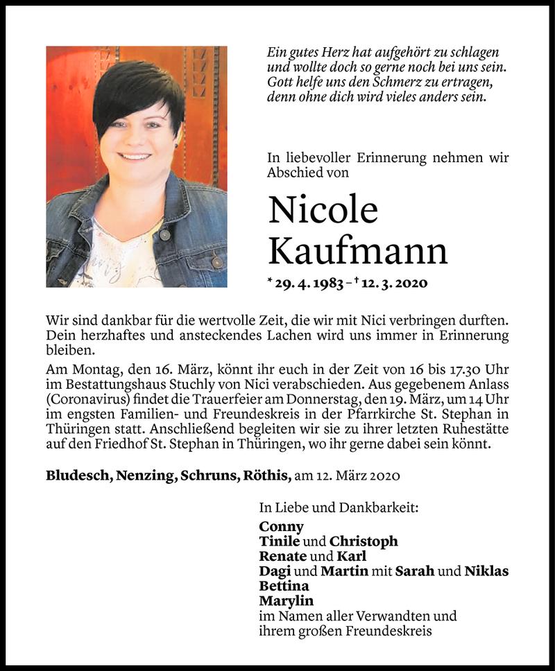  Todesanzeige für Nicole Kaufmann vom 15.03.2020 aus Vorarlberger Nachrichten