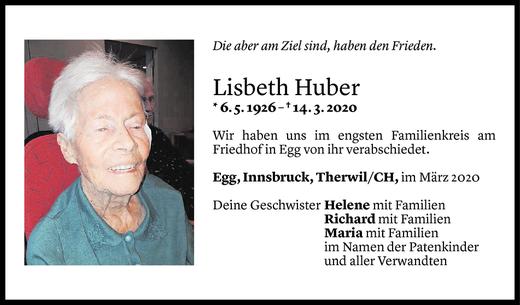 Todesanzeige von Lisbeth Huber von Vorarlberger Nachrichten