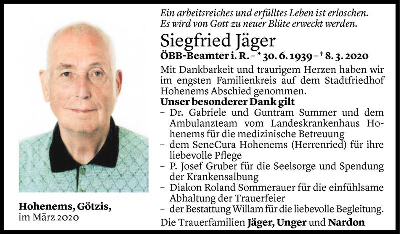  Todesanzeige für Siegfried Jäger vom 18.03.2020 aus Vorarlberger Nachrichten