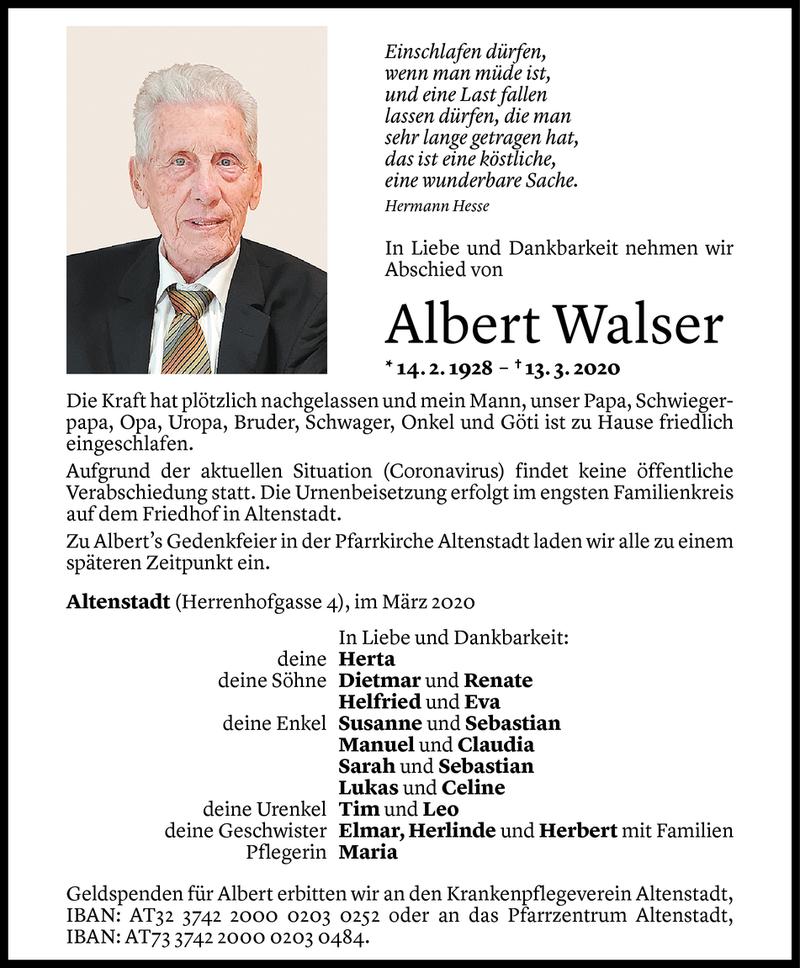  Todesanzeige für Albert Walser vom 18.03.2020 aus Vorarlberger Nachrichten