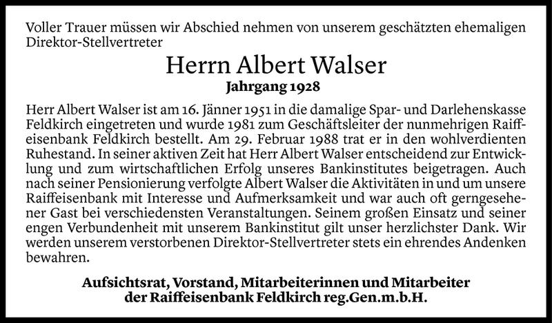  Todesanzeige für Albert Walser vom 18.03.2020 aus Vorarlberger Nachrichten