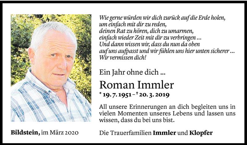  Todesanzeige für Roman Immler vom 19.03.2020 aus Vorarlberger Nachrichten