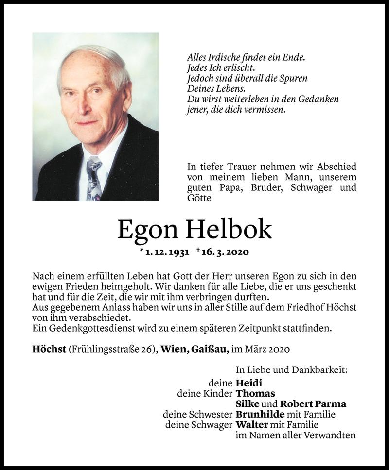  Todesanzeige für Egon Helbock vom 21.03.2020 aus Vorarlberger Nachrichten