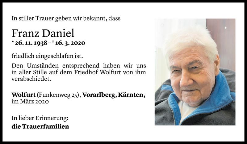  Todesanzeige für Franz Daniel vom 20.03.2020 aus Vorarlberger Nachrichten