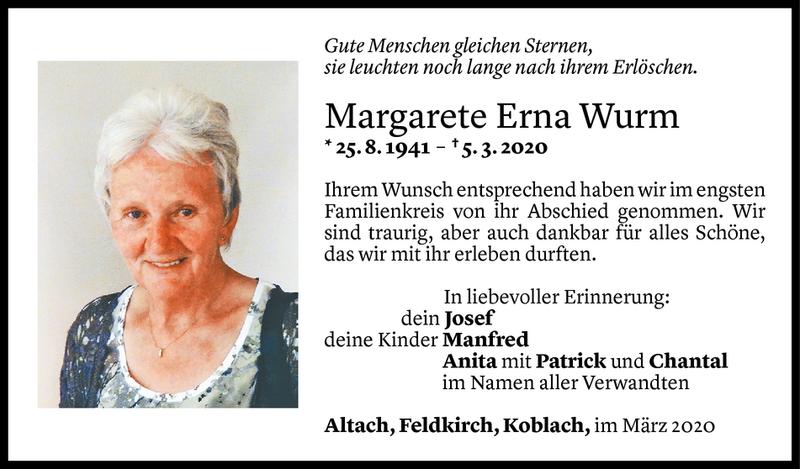  Todesanzeige für Margarete Erna Wurm vom 20.03.2020 aus Vorarlberger Nachrichten