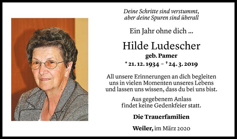  Todesanzeige für Hilde Ludescher vom 24.03.2020 aus Vorarlberger Nachrichten