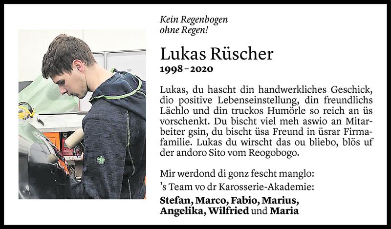  Todesanzeige für Lukas Rüscher vom 19.03.2020 aus Vorarlberger Nachrichten