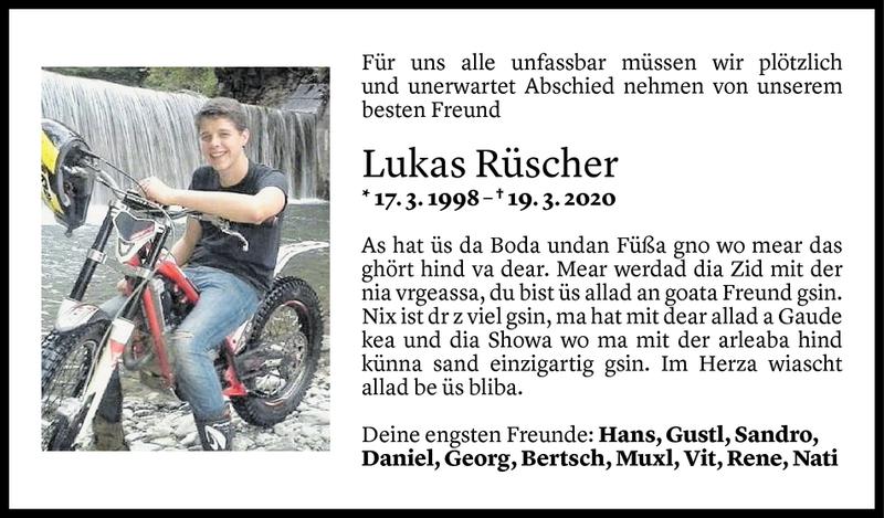  Todesanzeige für Lukas Rüscher vom 19.03.2020 aus Vorarlberger Nachrichten