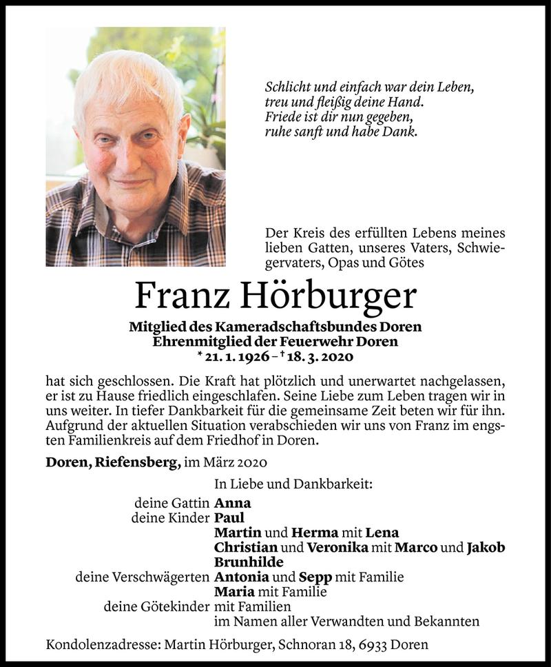  Todesanzeige für Franz Hörburger vom 20.03.2020 aus Vorarlberger Nachrichten
