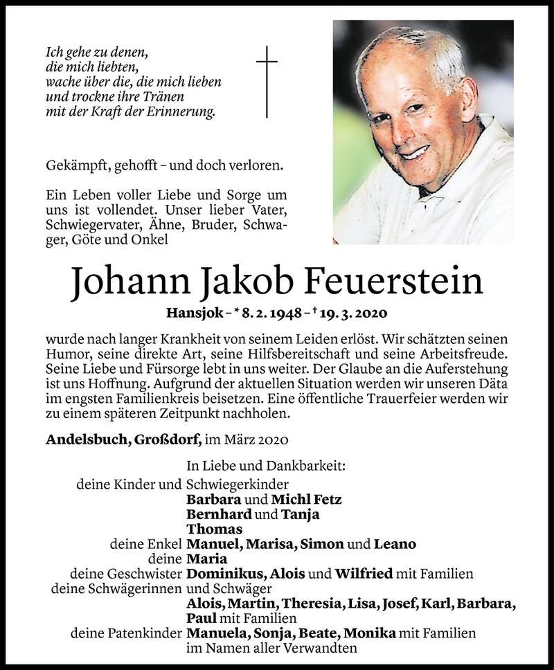  Todesanzeige für Johann Jokob Feuerstein vom 20.03.2020 aus Vorarlberger Nachrichten