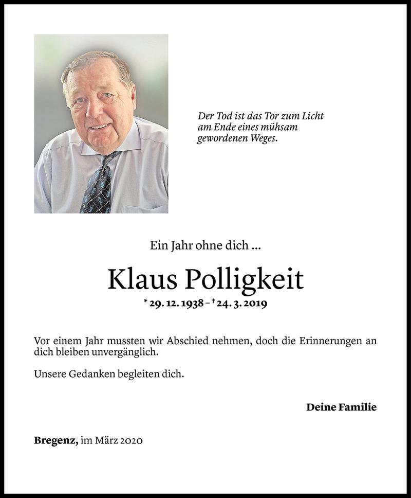  Todesanzeige für Klaus Polligkeit vom 23.03.2020 aus Vorarlberger Nachrichten