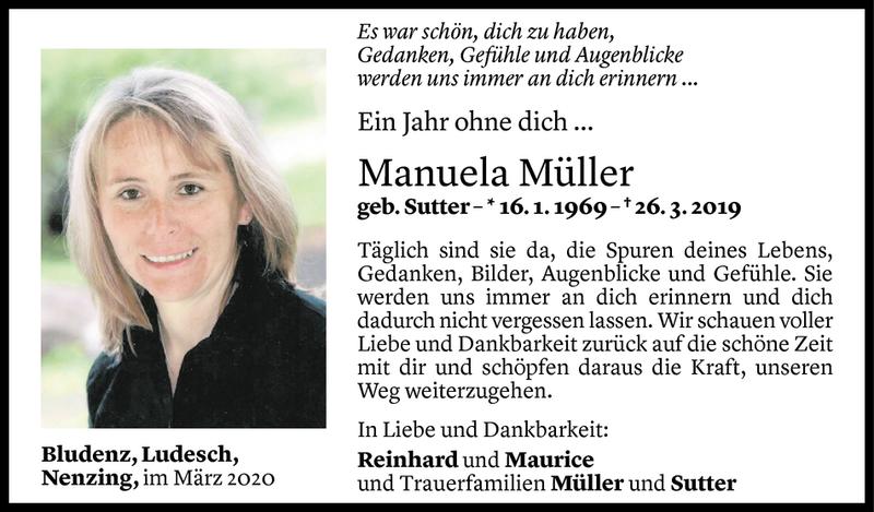  Todesanzeige für Manuela Müller vom 26.03.2020 aus Vorarlberger Nachrichten