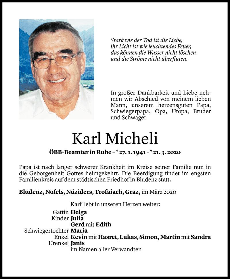  Todesanzeige für Karl Micheli vom 24.03.2020 aus Vorarlberger Nachrichten