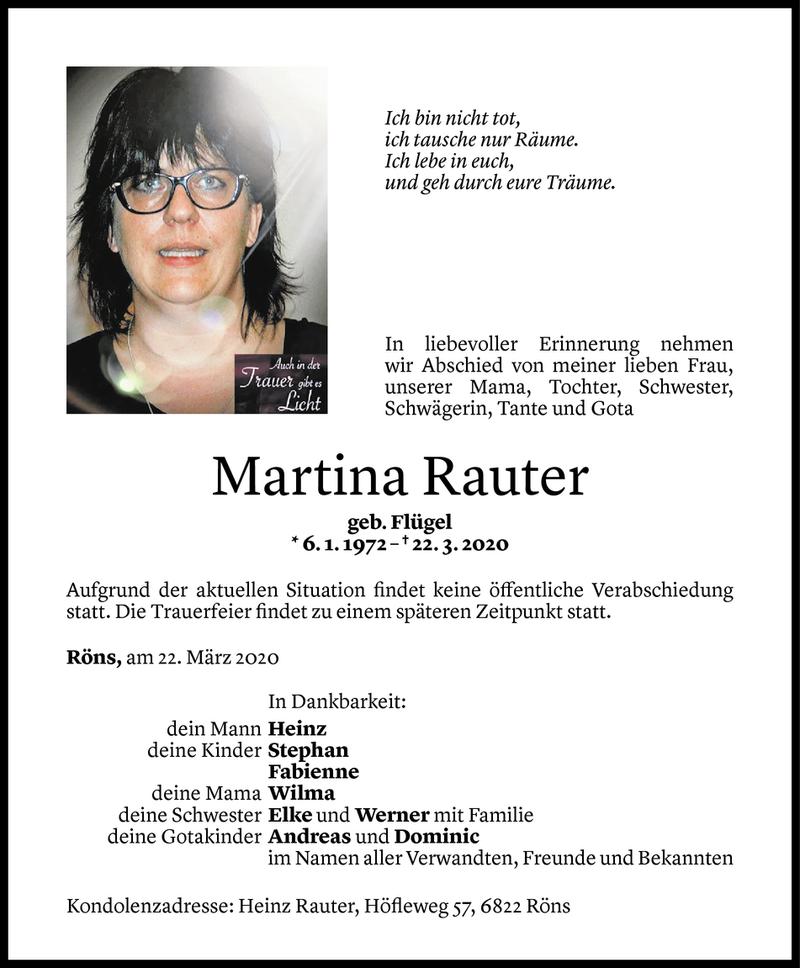  Todesanzeige für Martina Rauter vom 23.03.2020 aus Vorarlberger Nachrichten
