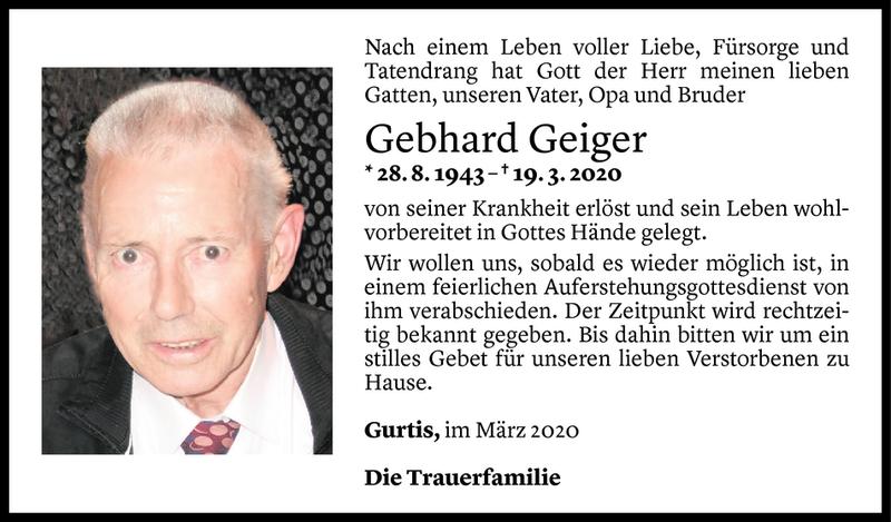  Todesanzeige für Gebhard Geiger vom 24.03.2020 aus Vorarlberger Nachrichten