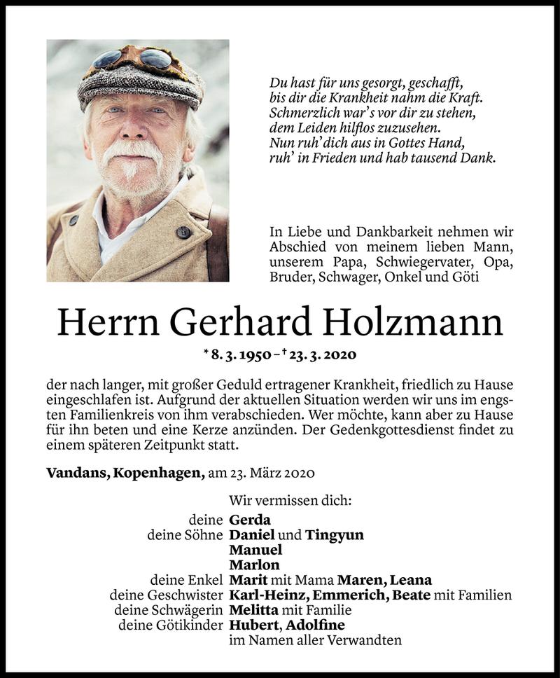  Todesanzeige für Gerhard Holzmann vom 24.03.2020 aus Vorarlberger Nachrichten