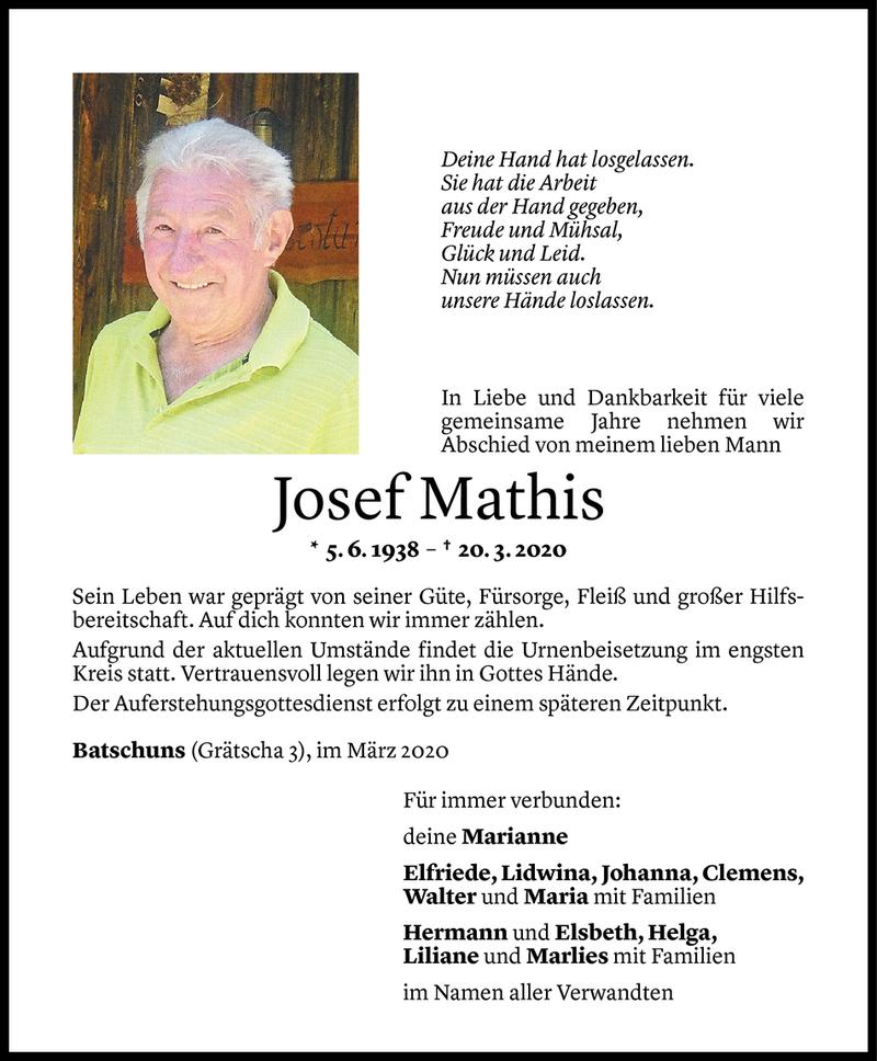  Todesanzeige für Josef Mathis vom 24.03.2020 aus Vorarlberger Nachrichten