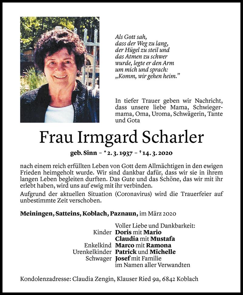  Todesanzeige für Irmgard Scharler vom 25.03.2020 aus Vorarlberger Nachrichten