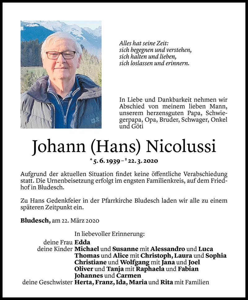  Todesanzeige für Johann Nicolussi vom 24.03.2020 aus Vorarlberger Nachrichten