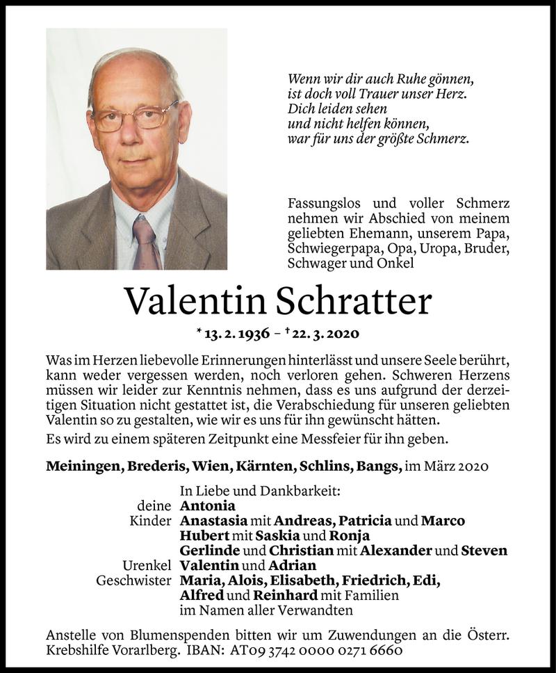  Todesanzeige für Valentin Schratter vom 25.03.2020 aus Vorarlberger Nachrichten