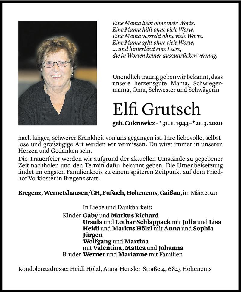  Todesanzeige für Elfi Grutsch vom 24.03.2020 aus Vorarlberger Nachrichten
