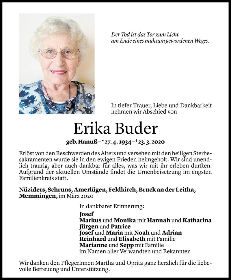  Todesanzeige für Erika Buder vom 25.03.2020 aus Vorarlberger Nachrichten