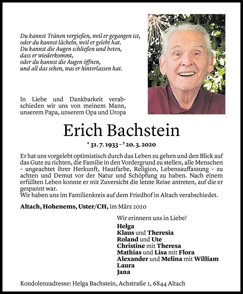  Todesanzeige für Erich Bachstein vom 27.03.2020 aus Vorarlberger Nachrichten