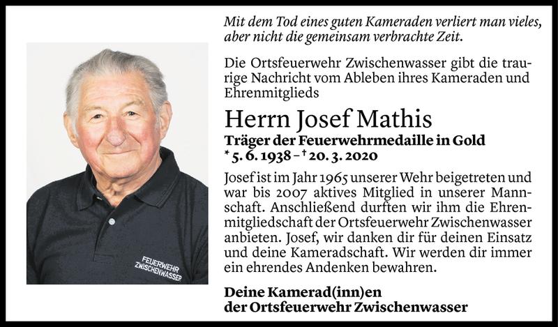  Todesanzeige für Josef Mathis vom 25.03.2020 aus Vorarlberger Nachrichten