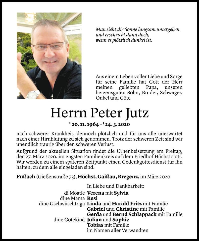  Todesanzeige für Peter Jutz vom 26.03.2020 aus Vorarlberger Nachrichten