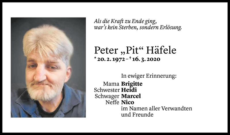  Todesanzeige für Peter Häfele vom 26.03.2020 aus Vorarlberger Nachrichten
