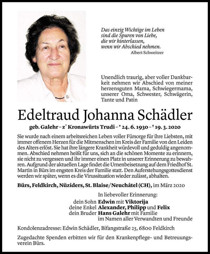  Todesanzeige für Edeltraud Schädler vom 28.03.2020 aus Vorarlberger Nachrichten