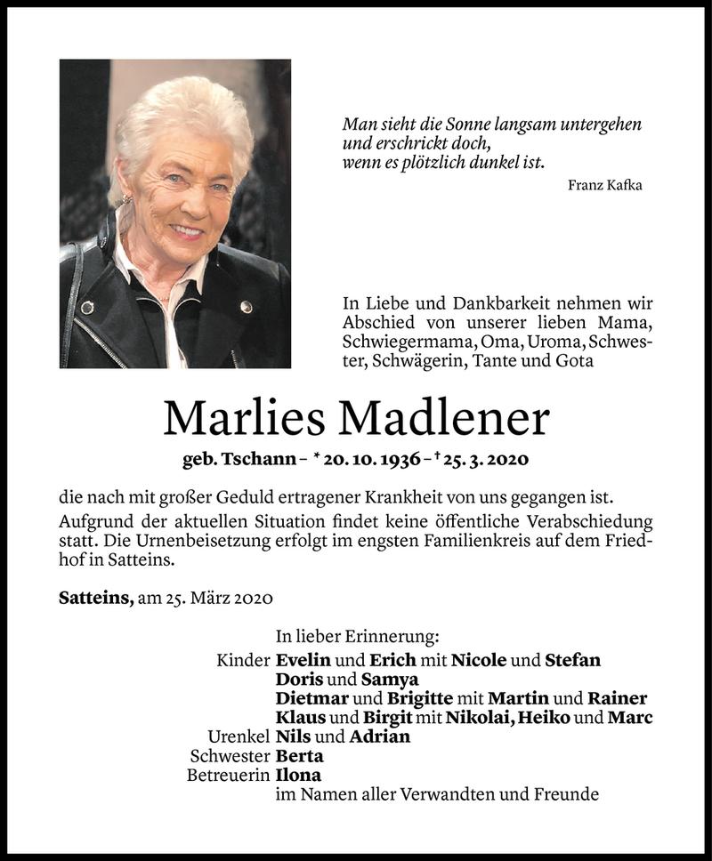  Todesanzeige für Marlies Madlener vom 27.03.2020 aus Vorarlberger Nachrichten