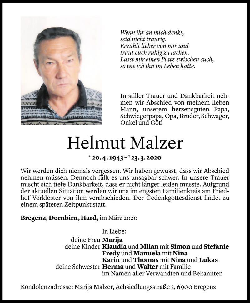  Todesanzeige für Helmut Malzer vom 27.03.2020 aus Vorarlberger Nachrichten